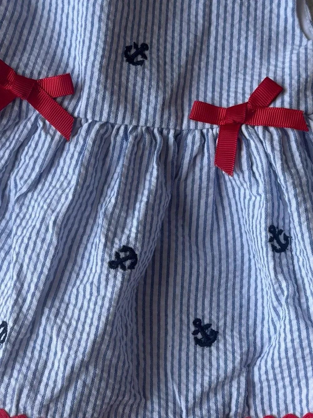 Starting Out 3M Blue Seersucker Nautical Anchor Dress & Bloomers Set